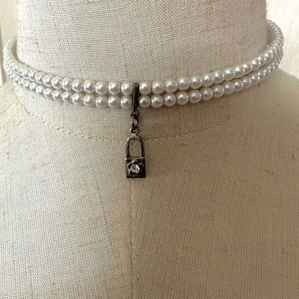 Faux pearl double strand silver tone pendant choker necklace